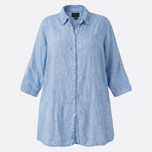 TAHARI Womens Light Blue 100% Linen Button Down Tunic Shirt 2X Roll Tab Sleeves